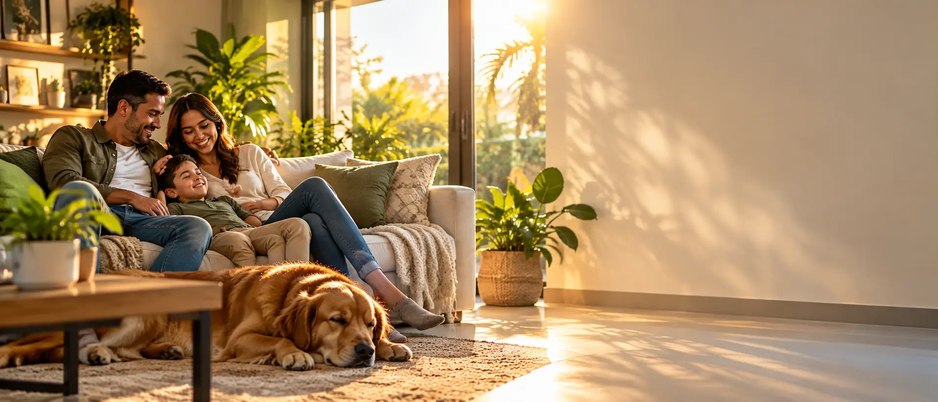 Familia descansando en la sala de su casa con su perro dormido en la alfombra