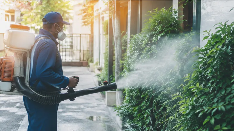 Técnico de Fumix nebulizando el jardín y setos de una casa