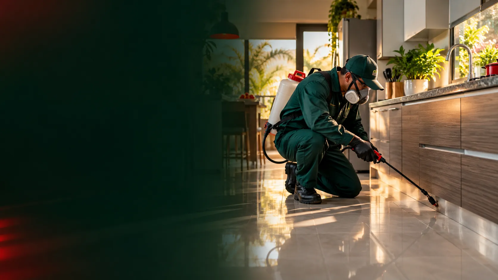 Técnico de Fumix con traje y respirador aplicando tratamiento en el zoclo